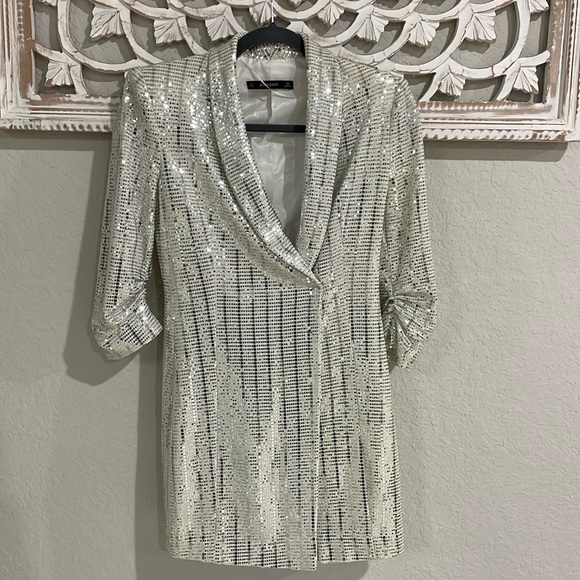 zara silver metallic blazer dress Zara | Dresses | Zara Sequin Blazer Dress Whitesilver